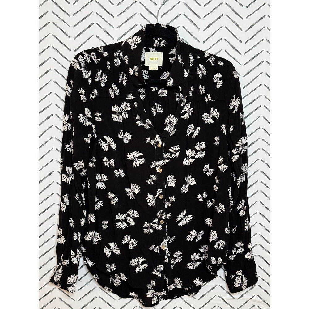 Maeve by Anthropologie Emory Bow Printed Button Up Blouse Size 8 Festive Preppy